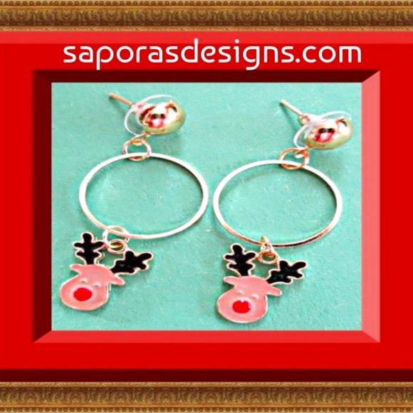 Gold Tone Dangle Rudolph The Red-Nosed Reindeer Design Earrings - Picture 1 of 1